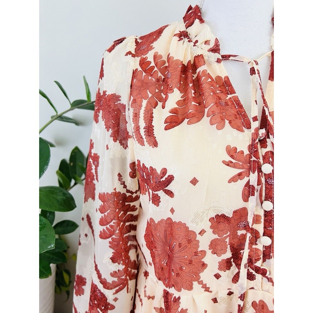Polagram Cream & Red Big Rose Print Woven Flowy Maxi Dress Boho Prairie Small - Picture 4 of 12